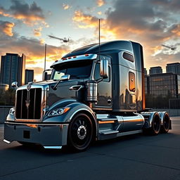 An eye-catching image depicting custom cutting-edge rims and wheels inspired by Maserati, specifically designed for a semi-truck