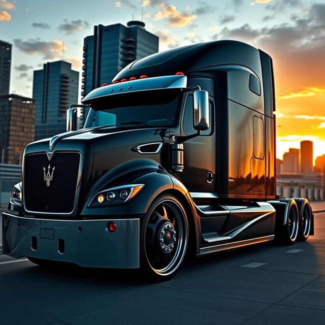 An eye-catching image depicting custom cutting-edge rims and wheels inspired by Maserati, specifically designed for a semi-truck