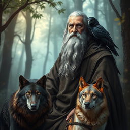 An old man wizard with a long gray beard, wearing a flowing, tattered robe adorned with intricate magical symbols