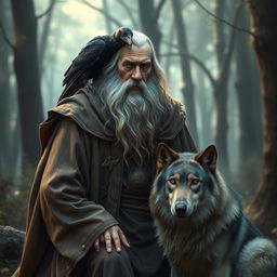 An old man wizard with a long gray beard, wearing a flowing, tattered robe adorned with intricate magical symbols