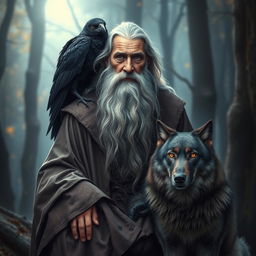 An old man wizard with a long gray beard, wearing a flowing, tattered robe adorned with intricate magical symbols