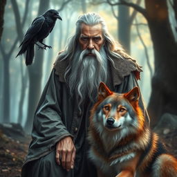 An old man wizard with a long gray beard, wearing a flowing, tattered robe adorned with intricate magical symbols