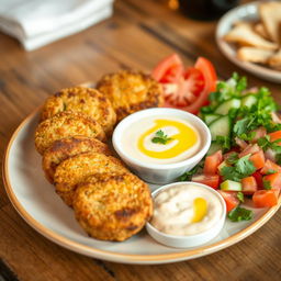 A delicious flat grilled falafel plate, beautifully arranged on a stylish dish