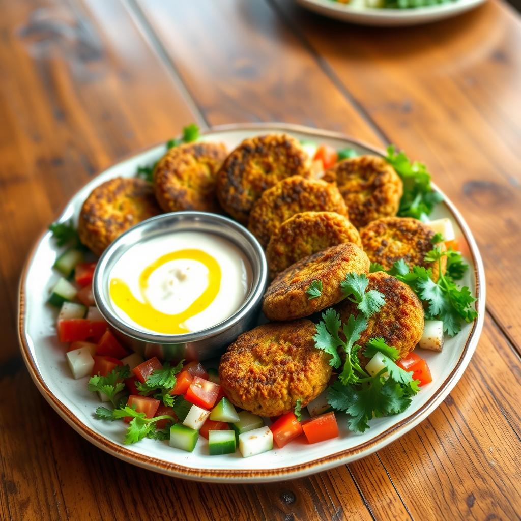 A delicious flat grilled falafel plate, beautifully arranged on a stylish dish