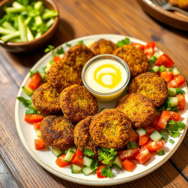 A delicious flat grilled falafel plate, beautifully arranged on a stylish dish