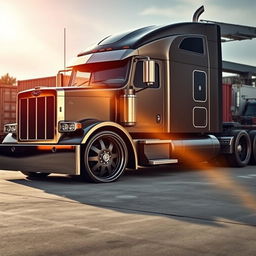 A striking image showcasing custom cutting-edge rims and wheels designed for a semi-truck featuring a masculine aesthetic