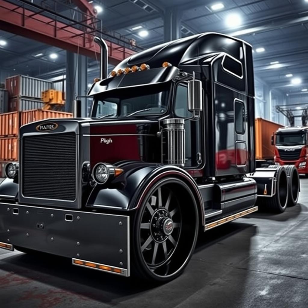 A striking image showcasing custom cutting-edge rims and wheels designed for a semi-truck featuring a masculine aesthetic