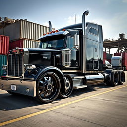 A striking image showcasing custom cutting-edge rims and wheels designed for a semi-truck featuring a masculine aesthetic