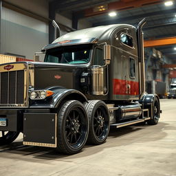 An impressive image showcasing custom cutting-edge rims and wheels designed for a semi-truck, featuring a rugged and masculine aesthetic