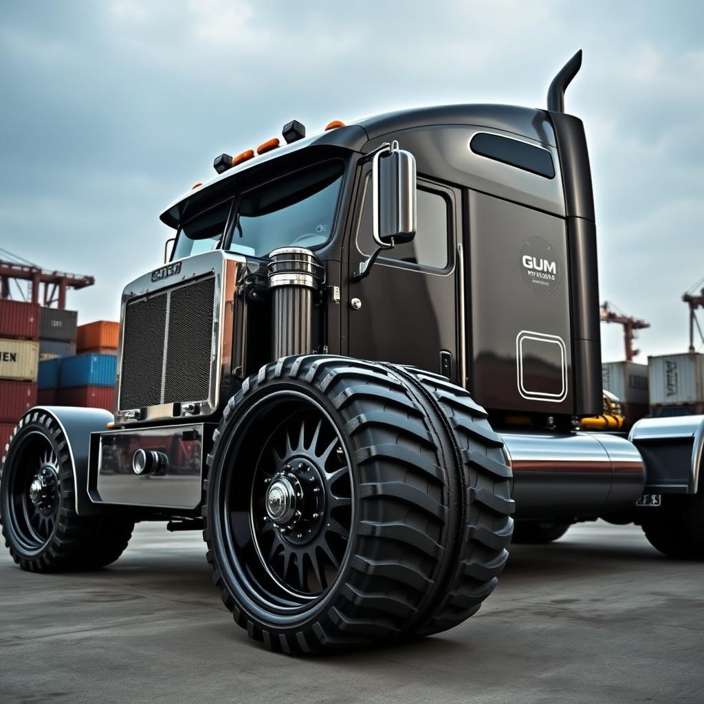 An impressive image showcasing custom cutting-edge rims and wheels designed for a semi-truck, featuring a rugged and masculine aesthetic