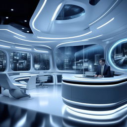 A futuristic TV anchor's office, drawing design elements from the architecture shown in the provided link.