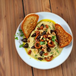 A delicious plate of Kashk-e Bademjan, a traditional Iranian eggplant dish, served elegantly with a side of brown toast