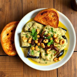 A delicious plate of Kashk-e Bademjan, a traditional Iranian eggplant dish, served elegantly with a side of brown toast