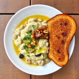 A delicious plate of Kashk-e Bademjan, a traditional Iranian eggplant dish, served elegantly with a side of brown toast