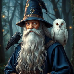 An old man wizard with a long, flowing white beard, wearing a tall, pointed wizard hat adorned with stars and moons