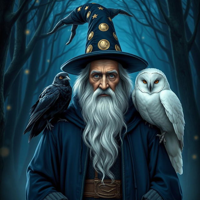 An old man wizard with a long, flowing white beard, wearing a tall, pointed wizard hat adorned with stars and moons