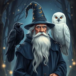 An old man wizard with a long, flowing white beard, wearing a tall, pointed wizard hat adorned with stars and moons