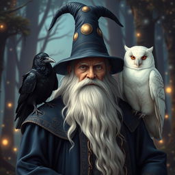 An old man wizard with a long, flowing white beard, wearing a tall, pointed wizard hat adorned with stars and moons