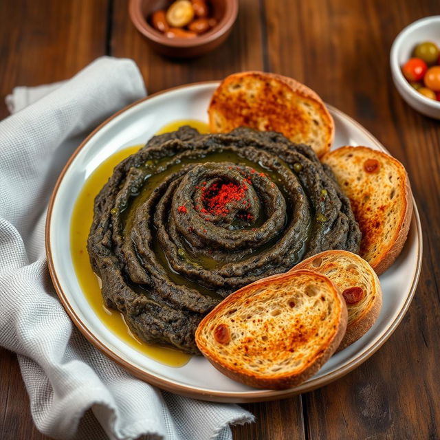 A beautifully arranged plate of mashed eggplant (kashk bademjan) presented elegantly, garnished with drizzles of olive oil and a sprinkle of paprika, served alongside golden-brown whole grain toast