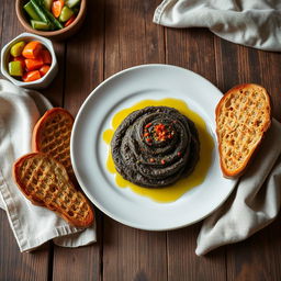 A beautifully arranged plate of mashed eggplant (kashk bademjan) presented elegantly, garnished with drizzles of olive oil and a sprinkle of paprika, served alongside golden-brown whole grain toast