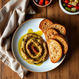 A beautifully arranged plate of mashed eggplant (kashk bademjan) presented elegantly, garnished with drizzles of olive oil and a sprinkle of paprika, served alongside golden-brown whole grain toast