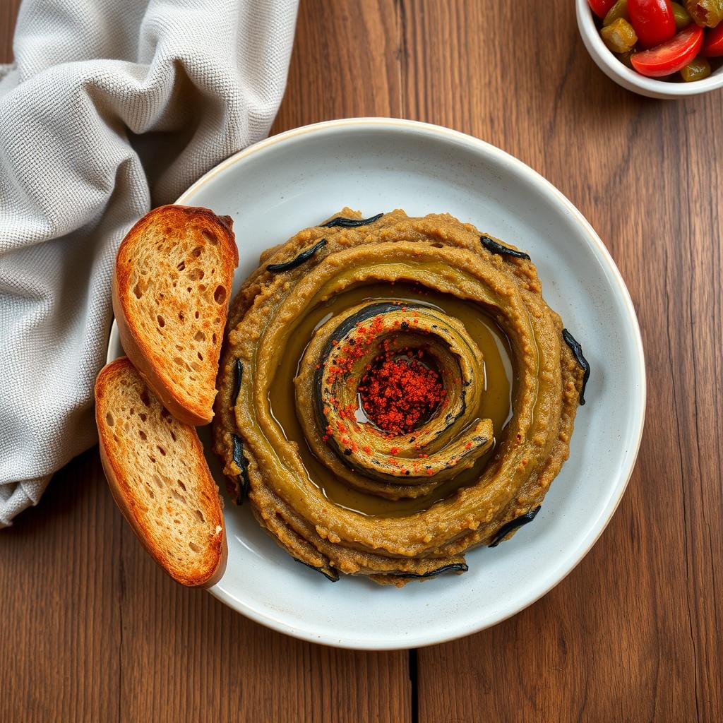 A beautifully arranged plate of mashed eggplant (kashk bademjan) presented elegantly, garnished with drizzles of olive oil and a sprinkle of paprika, served alongside golden-brown whole grain toast