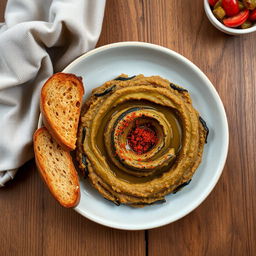 A beautifully arranged plate of mashed eggplant (kashk bademjan) presented elegantly, garnished with drizzles of olive oil and a sprinkle of paprika, served alongside golden-brown whole grain toast