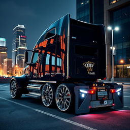 A striking image of custom cutting-edge rims and wheels inspired by Audi, specifically designed for a semi-truck