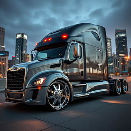 A striking image of custom cutting-edge rims and wheels inspired by Audi, specifically designed for a semi-truck