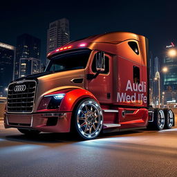 A striking image of custom cutting-edge rims and wheels inspired by Audi, specifically designed for a semi-truck
