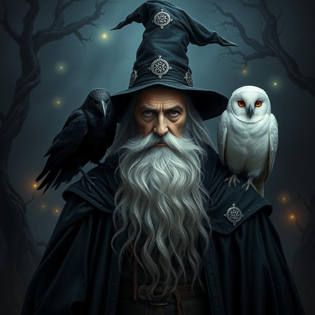 An old man wizard in a dark fantasy setting, depicted with a long, flowing white beard and a tattered black robe that billows around him