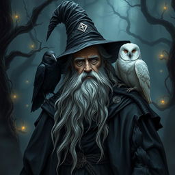 An old man wizard in a dark fantasy setting, depicted with a long, flowing white beard and a tattered black robe that billows around him