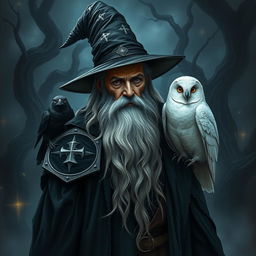 An old man wizard in a dark fantasy setting, depicted with a long, flowing white beard and a tattered black robe that billows around him
