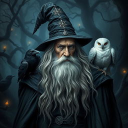 An old man wizard in a dark fantasy setting, depicted with a long, flowing white beard and a tattered black robe that billows around him