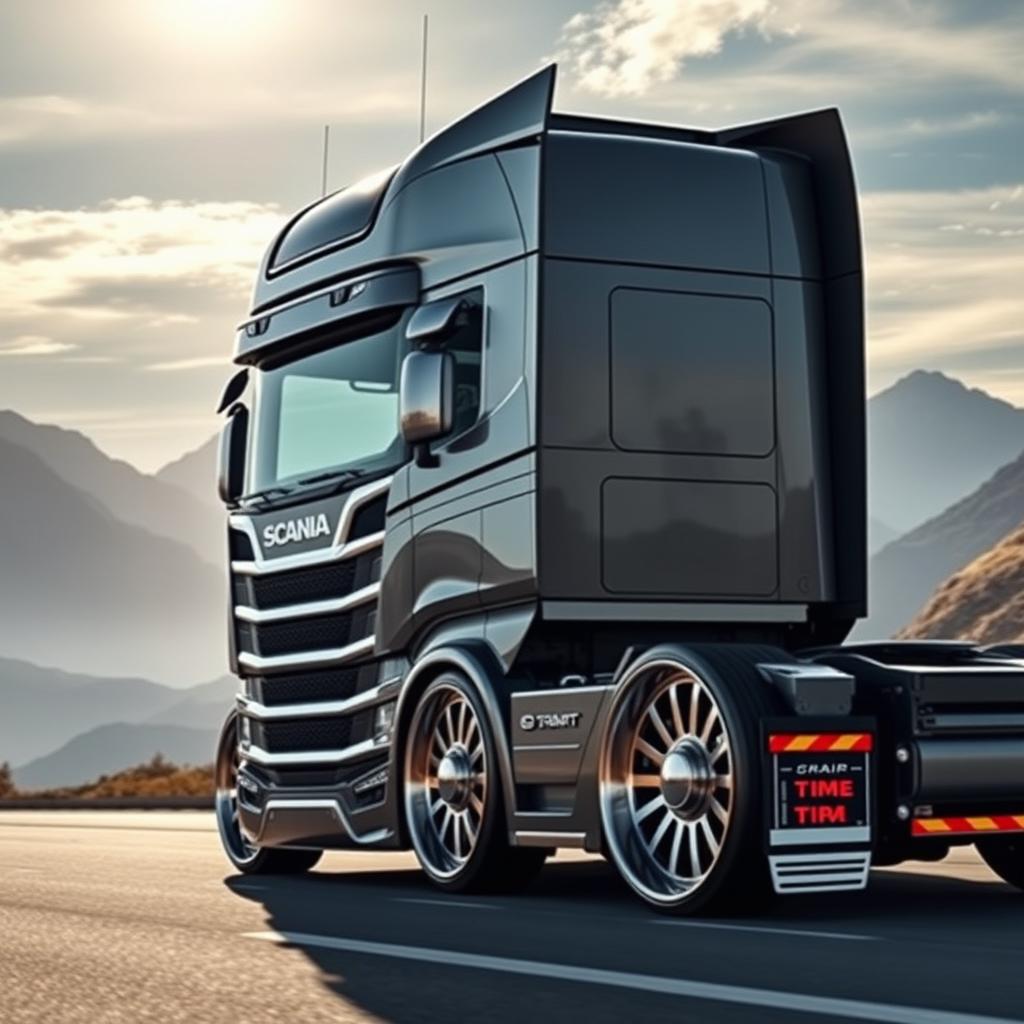 A visually impressive image showcasing custom cutting-edge rims and wheels inspired by Scania, designed specifically for a semi-truck