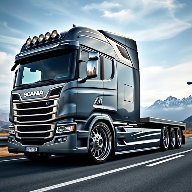 A visually impressive image showcasing custom cutting-edge rims and wheels inspired by Scania, designed specifically for a semi-truck