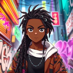A striking portrait of a black anime boy with long, stylish dreadlocks cascading down his shoulders