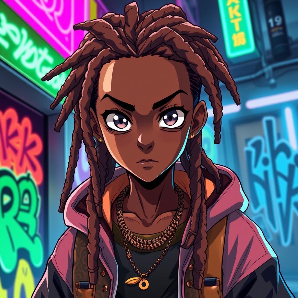 A striking portrait of a black anime boy with long, stylish dreadlocks cascading down his shoulders