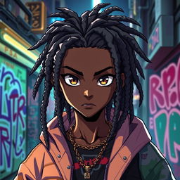 A striking portrait of a black anime boy with long, stylish dreadlocks cascading down his shoulders