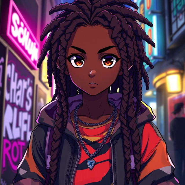 A striking portrait of a black anime boy with long, stylish dreadlocks cascading down his shoulders