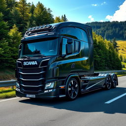 An eye-catching image of custom cutting-edge rims and wheels inspired by Scania, crafted specifically for a semi-truck