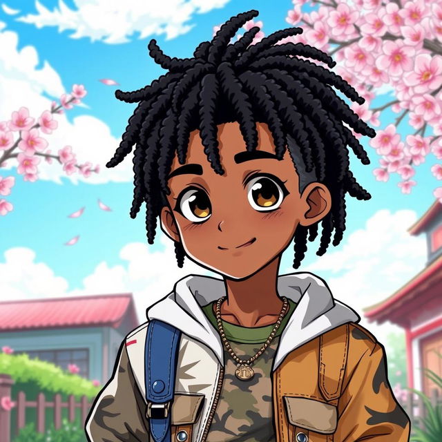 A detailed manga illustration of a black boy with stylish dreadlocks