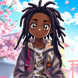 A detailed manga illustration of a black boy with stylish dreadlocks