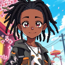 A detailed manga illustration of a black boy with stylish dreadlocks