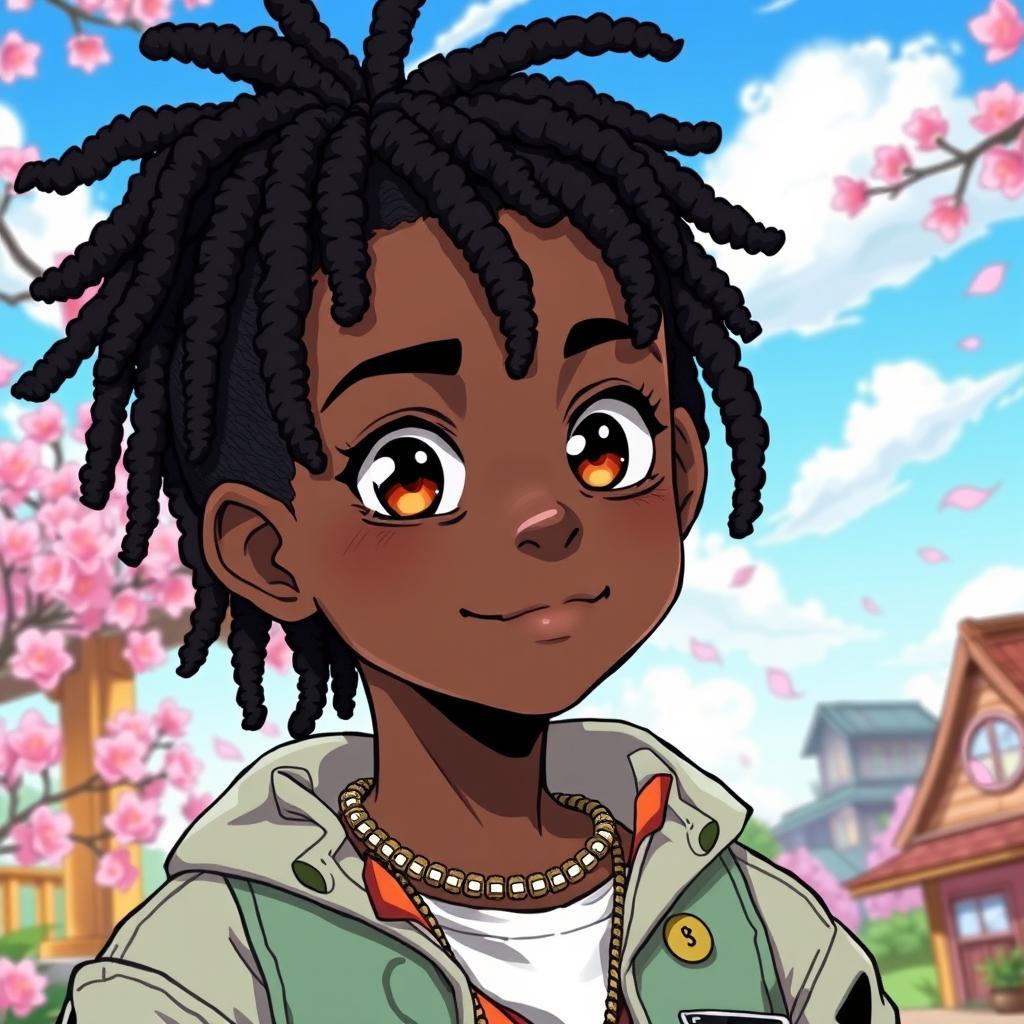 A detailed manga illustration of a black boy with stylish dreadlocks