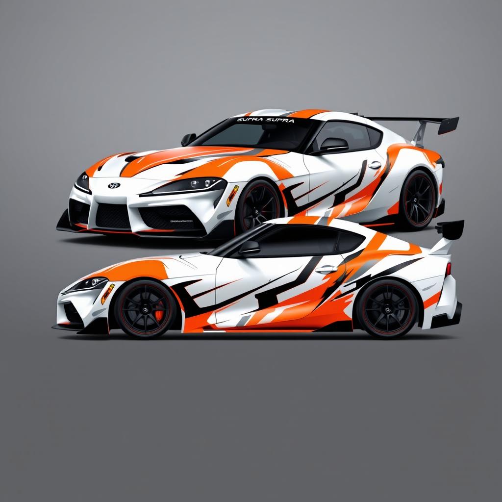 A stunning Toyota Supra Gr3 livery design featuring a sleek white base with dynamic and aggressive patterns in vibrant orange and deep black