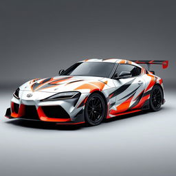 A stunning Toyota Supra Gr3 livery design featuring a sleek white base with dynamic and aggressive patterns in vibrant orange and deep black