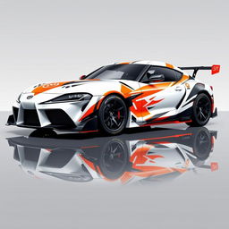 A stunning Toyota Supra Gr3 livery design featuring a sleek white base with dynamic and aggressive patterns in vibrant orange and deep black