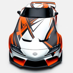 A stunning Toyota Supra Gr3 livery design featuring a sleek white base with dynamic and aggressive patterns in vibrant orange and deep black