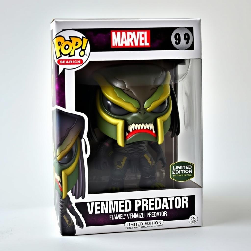 A detailed depiction of a Funko Pop vinyl figure of a Venomized Predator, showcasing the character's unique blend of both Marvel's Venom and the Predator from the iconic franchise